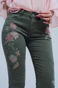 Thumbnail for Q2 - Khaki Jeans With Embroidered Flower - 1 COLOR -