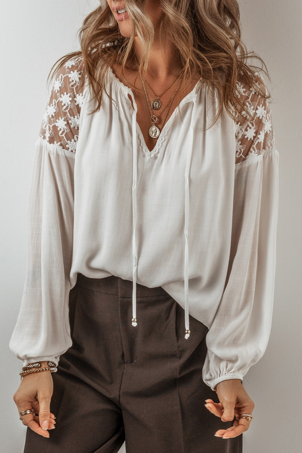 Lace Tie Neck Long Sleeve Blouse - T - 1 COLOR -