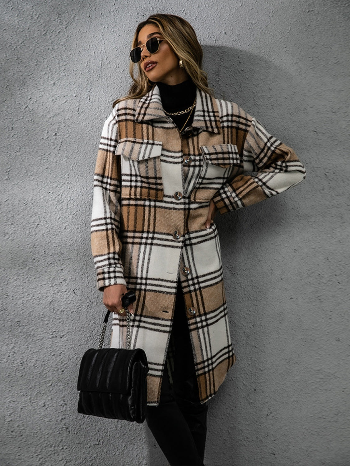 Plaid Collared Neck Long Sleeve Jacket - T - 2 COLORS -