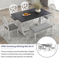 Thumbnail for Mid-Century 6-Piece Trestle Table Set With Victorian Round Upholstered Dining Chairs and Long Bench, Gray+Antique White