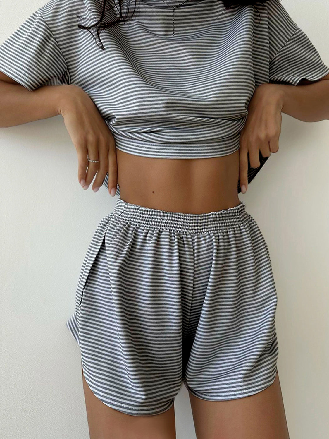 Striped Round Neck Top and Shorts Set - 2 PCS. - T - 3 COLORS -