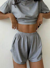 Thumbnail for Striped Round Neck Top and Shorts Set - 2 PCS. - T - 3 COLORS -