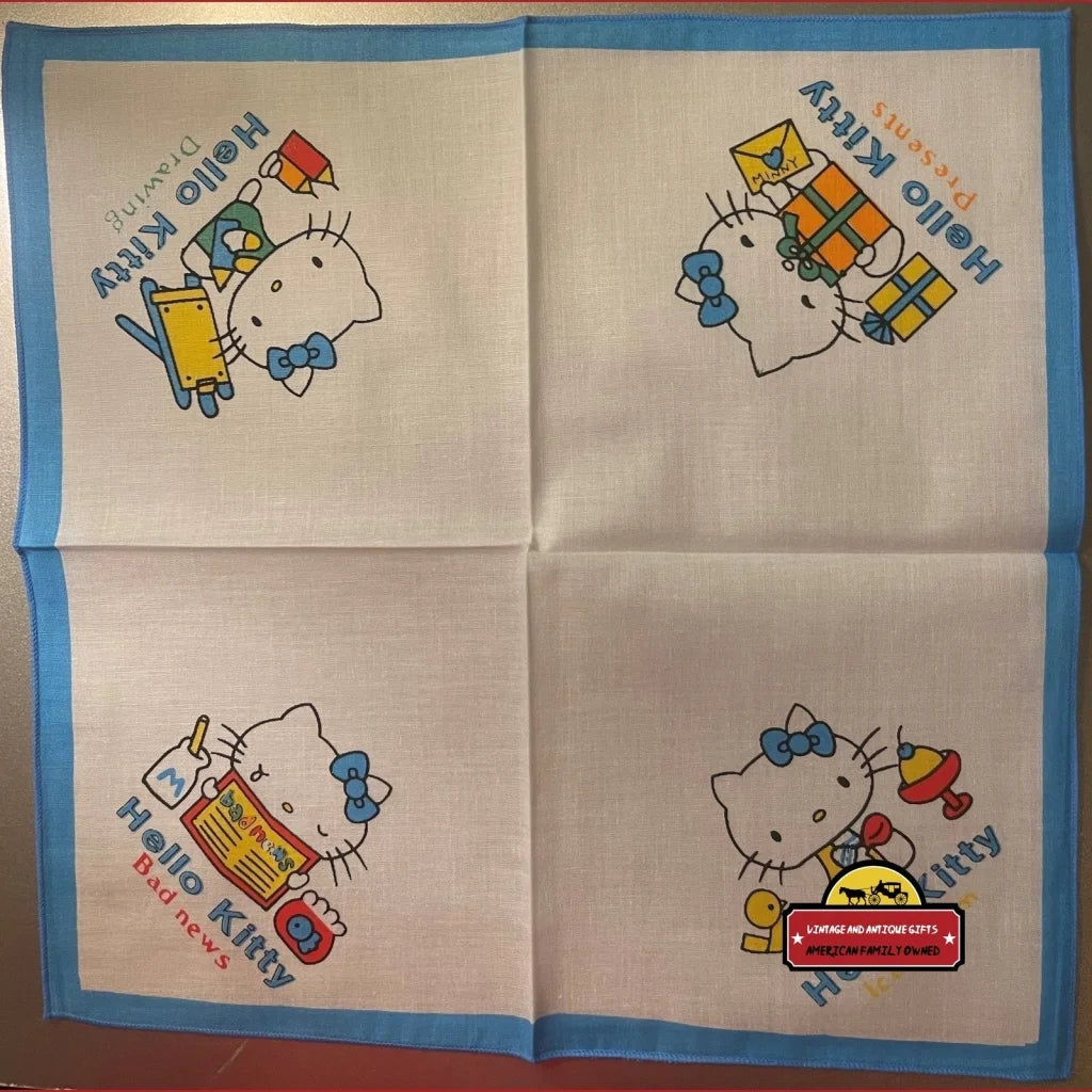 Vintage Hello Kitty Cotton Cloth Napkin Handkerchief Blue 1980s