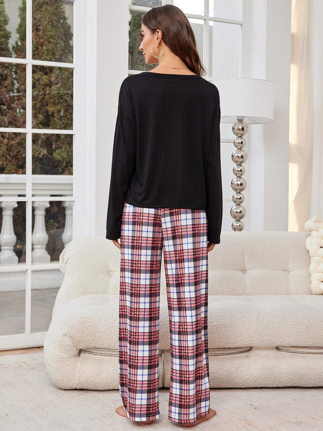 Round Neck Long Sleeve Top and Plaid Pants Lounge Set - 2 PCS. - T - 1 COLOR -