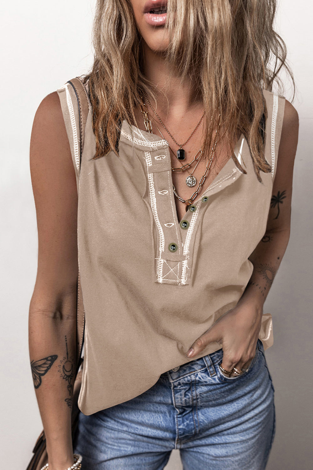 Contrast Stitching Round Neck Tank - T - 2 COLORS -