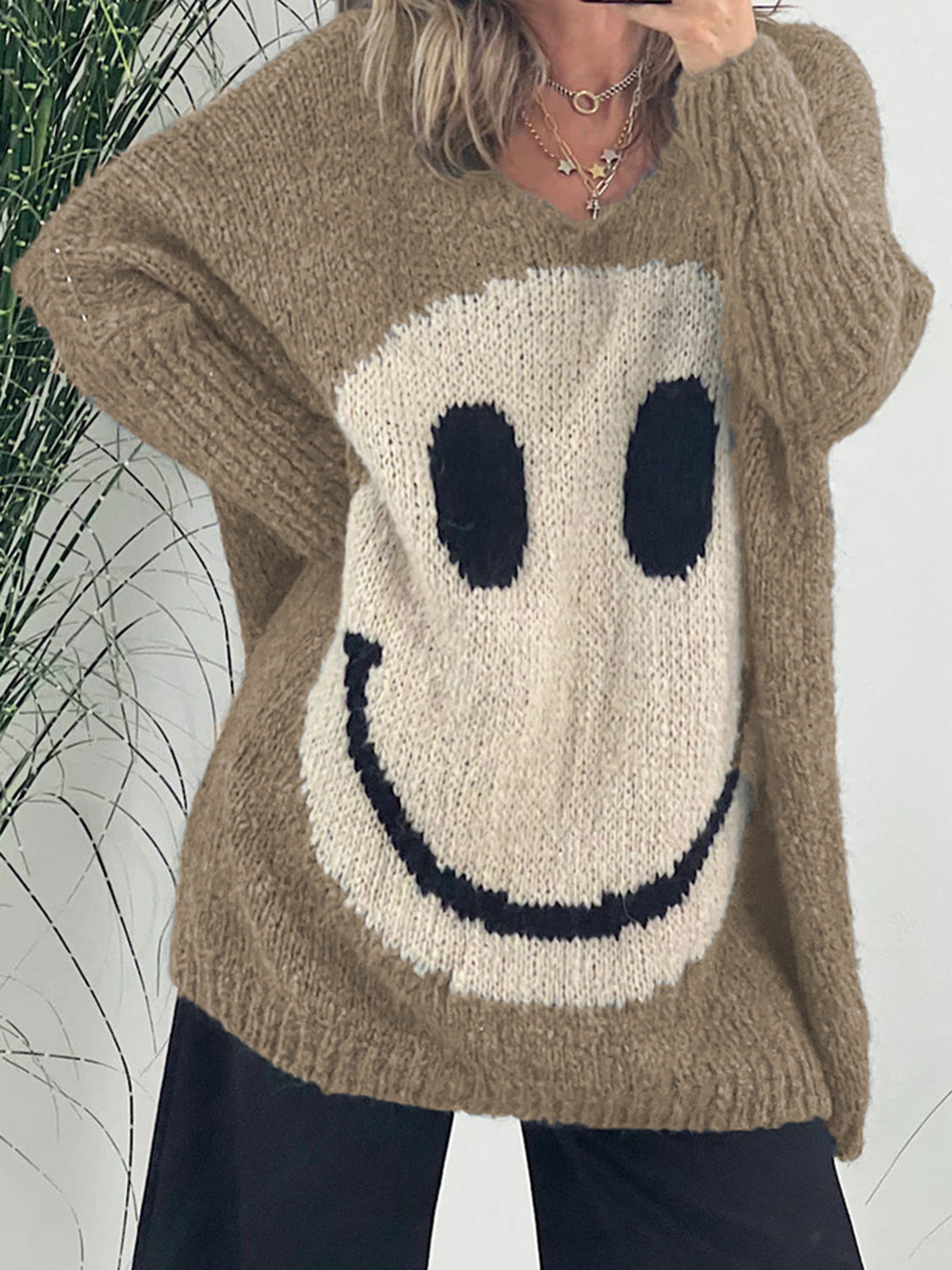 Smiling Face V-Neck Long Sleeve Sweater - 2 SIZE COMBOS - T - 7 COLORS -