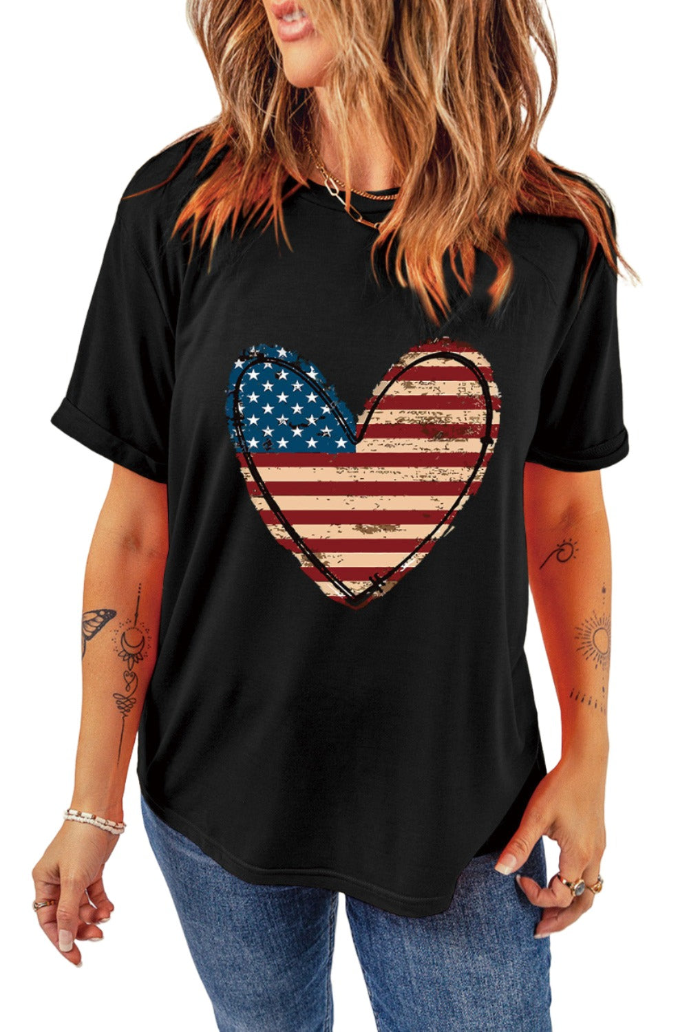 Stars and Stripes Heart Round Neck Short Sleeve T-Shirt - T - 1 COLOR -