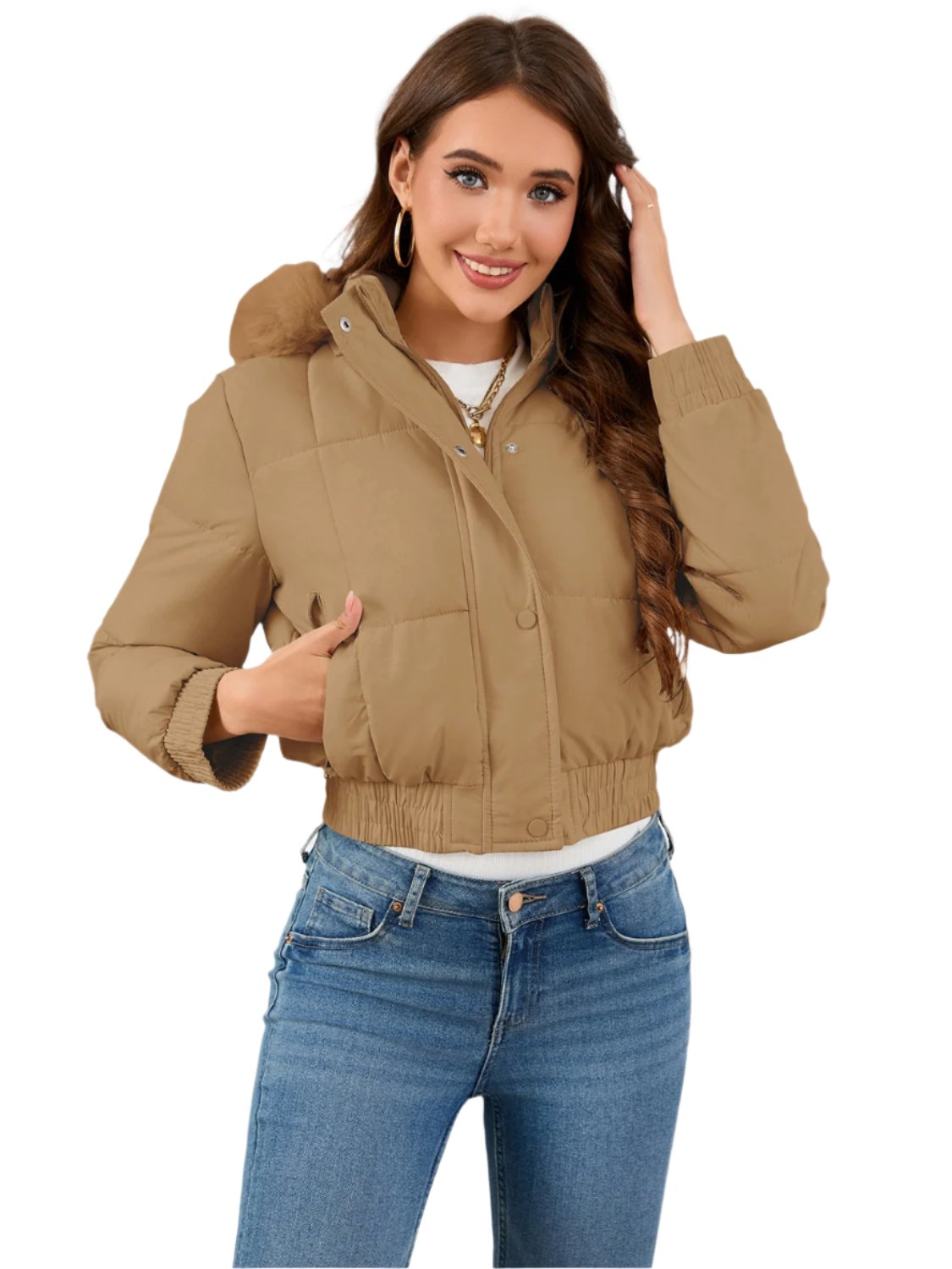 Pocketed Long Sleeve Cropped Hooded Winter Coat - T - 4 COLORS -