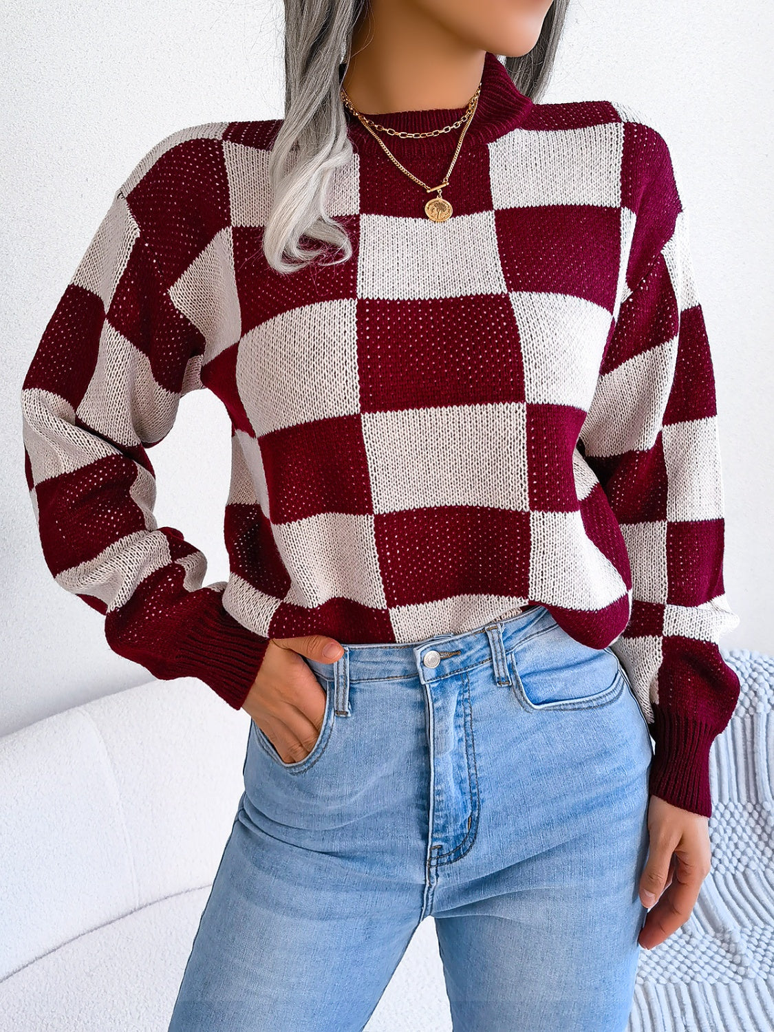 Checkered Mock Neck Long Sleeve Sweater - T - 4 COLORS -