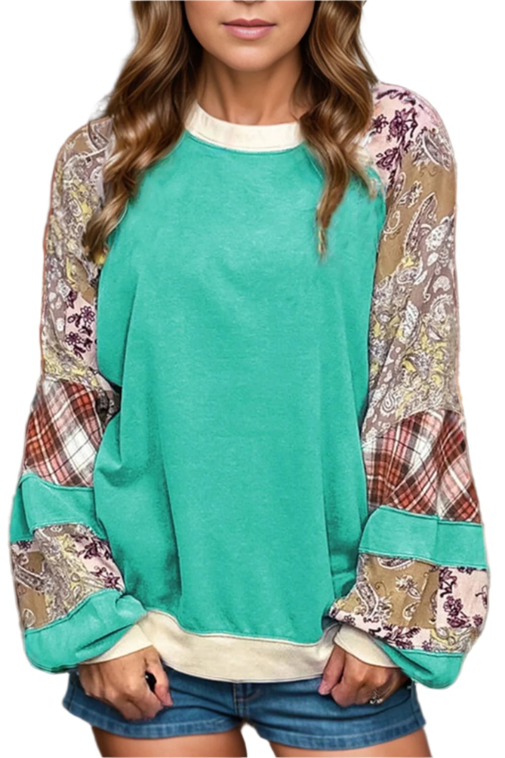 Printed Round Neck Long Sleeve Blouse - T - 1 COLOR -