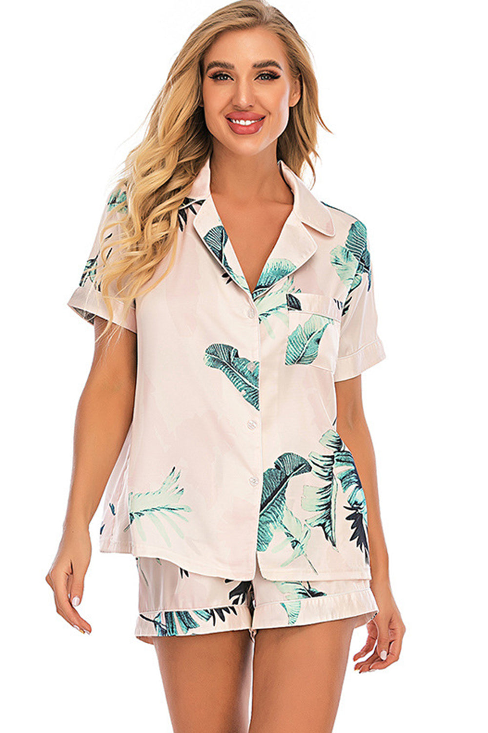 Printed Button Up Short Sleeve Top and Shorts Lounge Set - 2 PCS. - T - 10 COLORS -