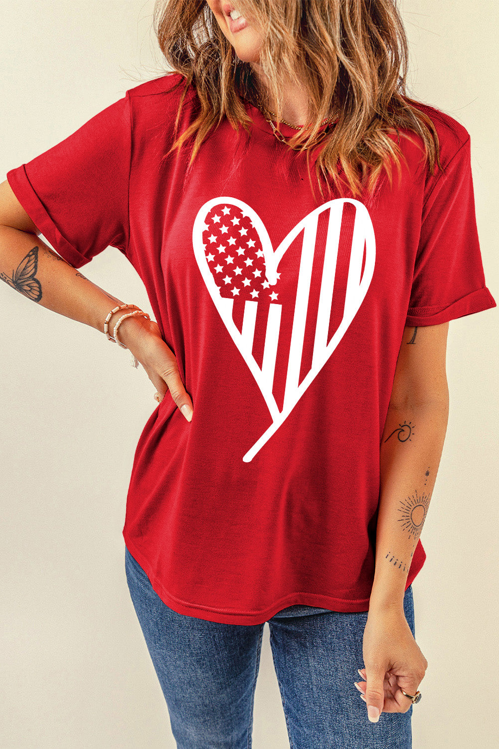 Heart Round Neck Short Sleeve T-Shirt - T - 1 COLOR -