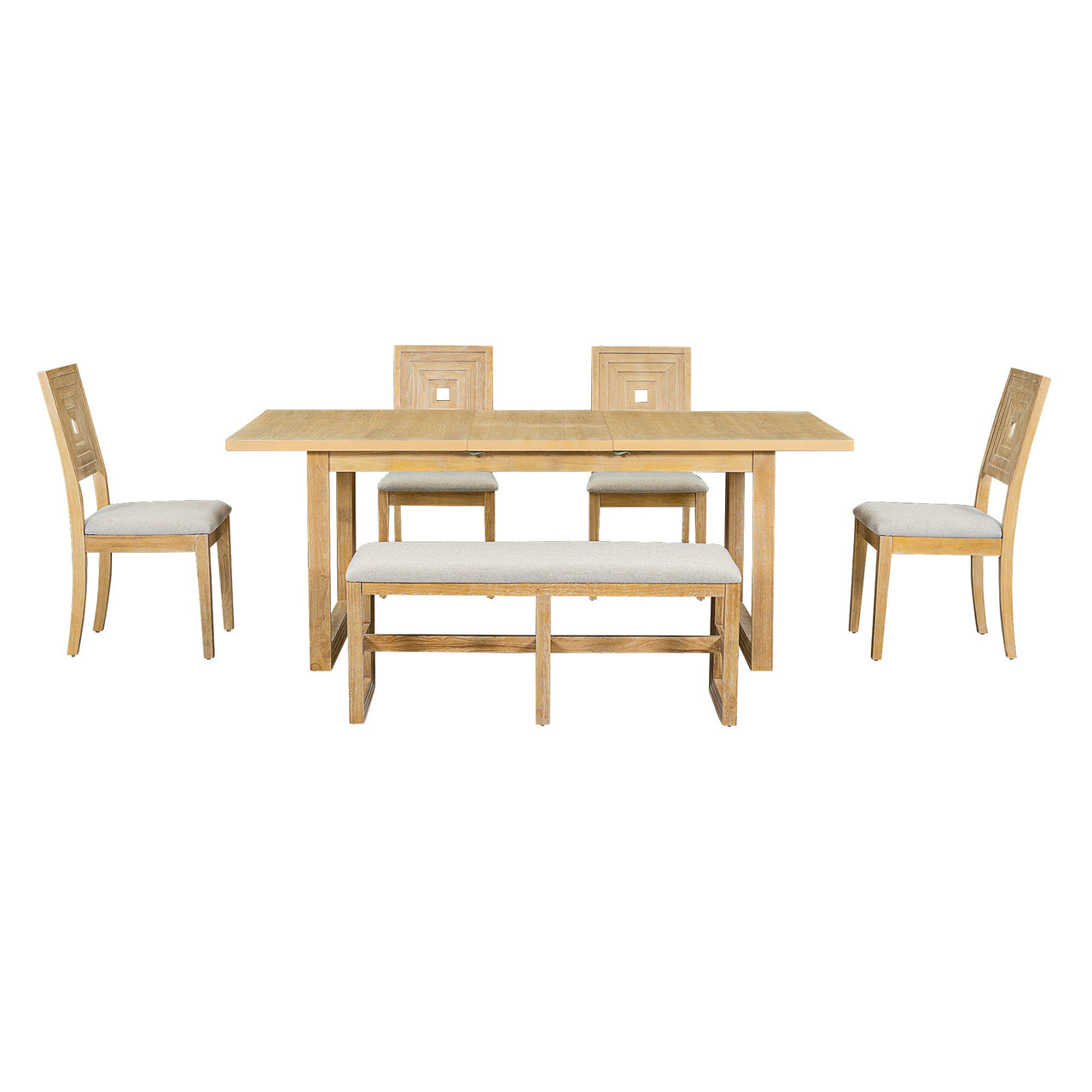 Modern 78inch 6-Piece Extendable Dining Table Set, 4 Upholstered Dining Chairs and Dining Bench, 18" Butterfly Leaf, Nat