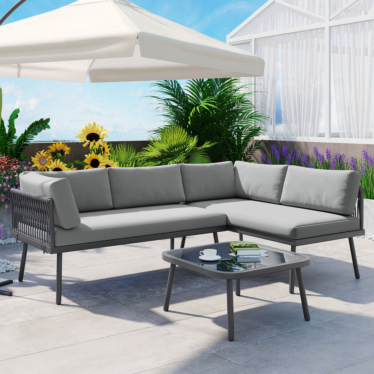 Modern Outdoor 3-Piece PE Rattan Sofa Set All Weather Patio Metal Sectional Furniture Set With Cushions and Glass Table