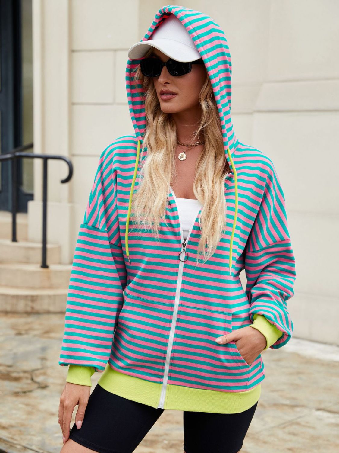 Drawstring Striped Zip Up Long Sleeve Hoodie - T - 4 COLORS -