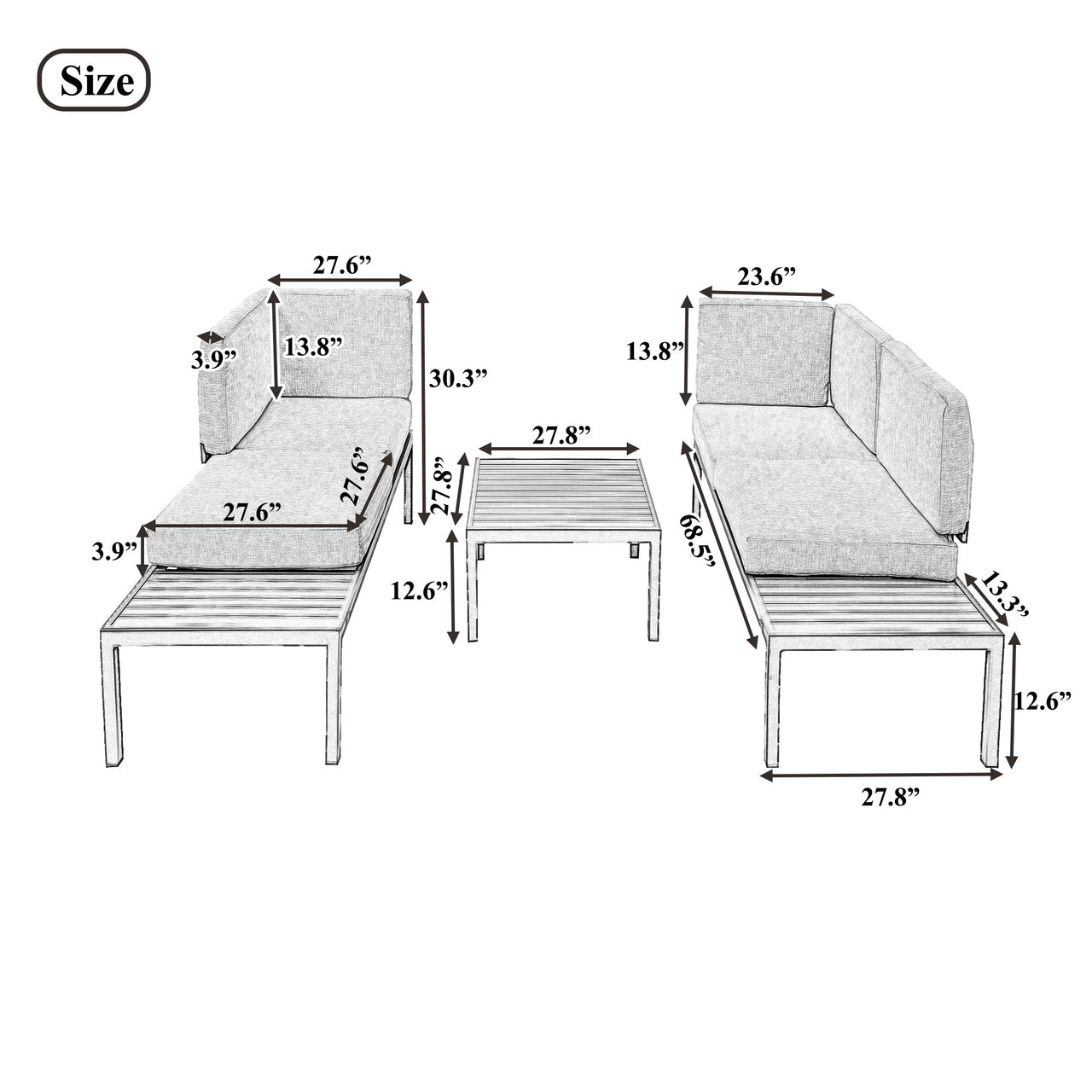 Outdoor 3-Piece Aluminum Alloy Sectional Sofa Set With End Table and Coffee Table,Black Frame+Gray Cushion