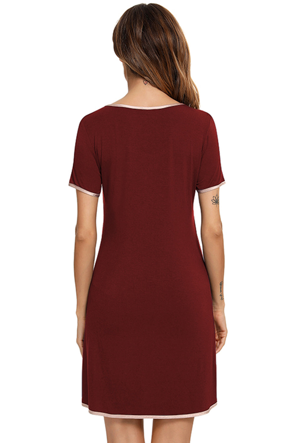 Contrast Trim Pocketed Round Neck Lounge Dress - T - 4 COLORS -