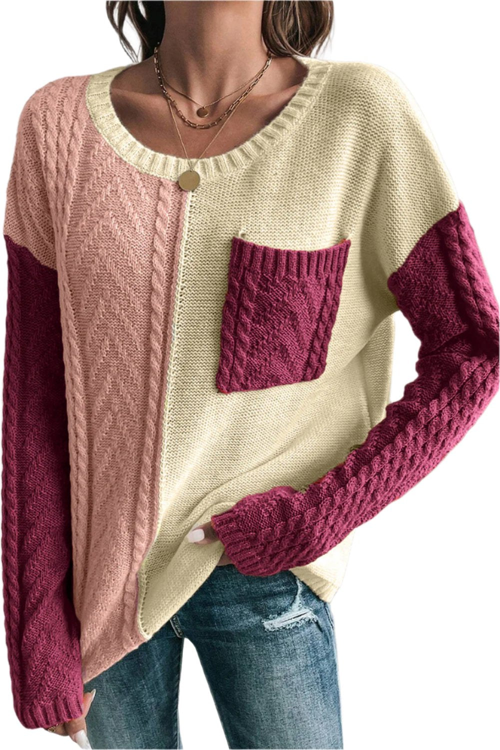 Double Take Full Size Color Block Drop Shoulder Sweater - 3 SIZE COMBOS - T - 2 COLORS