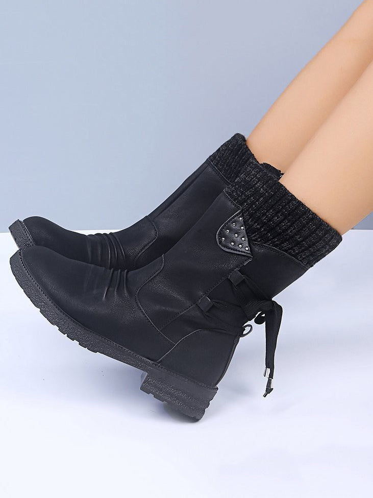 Lace-Up Low Heel Boots with Side Zip - T - 5 COLORS -