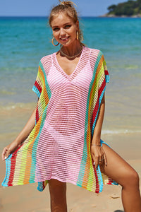 Thumbnail for Openwork Striped Slit Knit Cover Up - 1 SIZE FITS ALL - T - 4 COLORS -