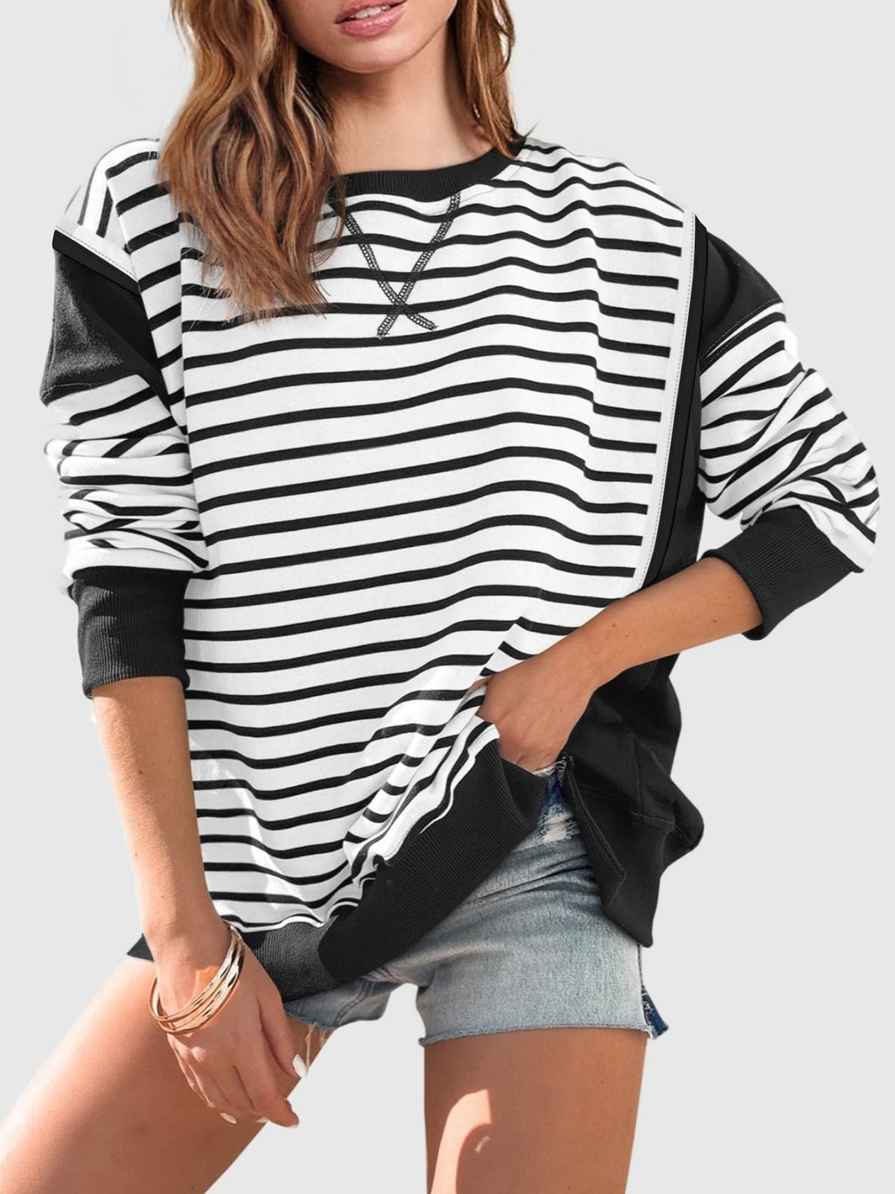 Slit Exposed Seam Striped Long Sleeve Sweatshirt - T - 8 COLORS -