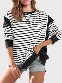 Thumbnail for Slit Exposed Seam Striped Long Sleeve Sweatshirt - T - 8 COLORS -