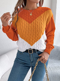 Thumbnail for Contrast Round Neck Long Sleeve Sweater - T - 3 COLORS -