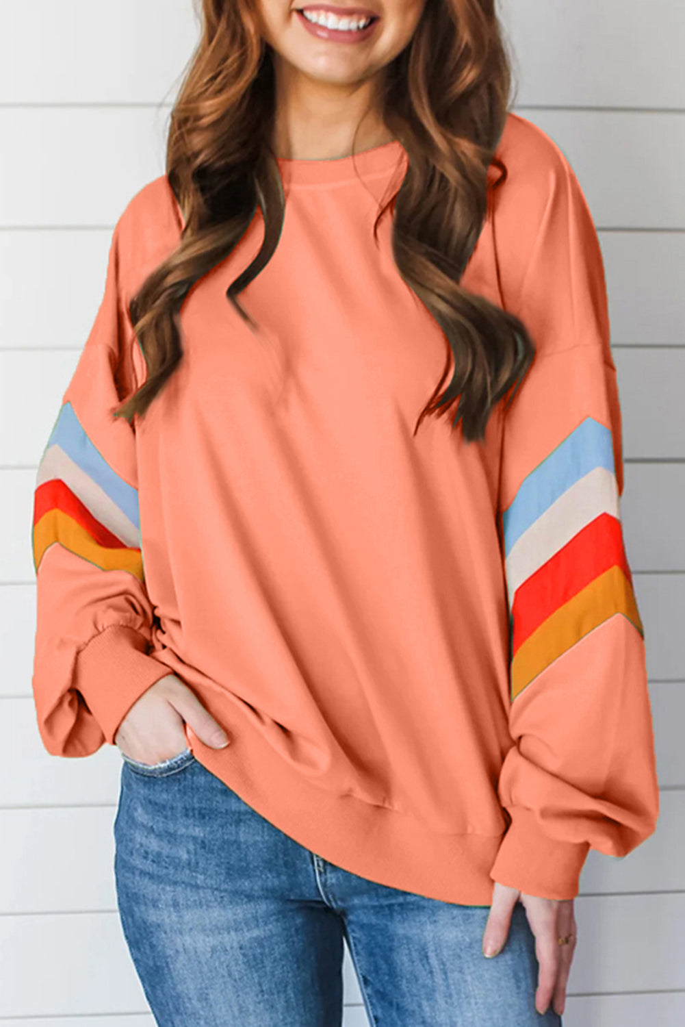 Contrast Round Neck Long Sleeve Sweatshirt - T - 1 COLOR -