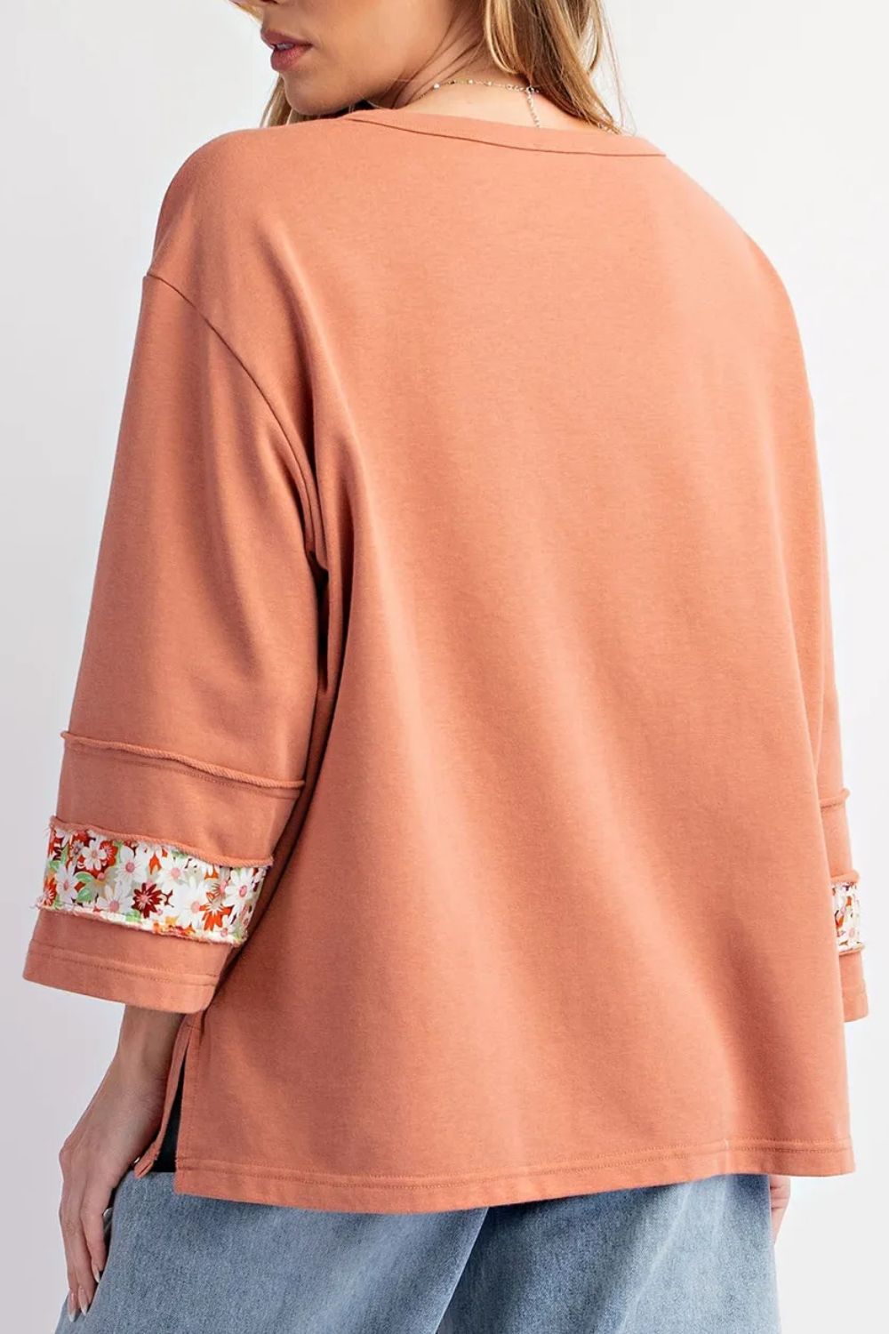 Exposed Seam Slit Floral Round Neck Blouse -T - 2 COLORS -