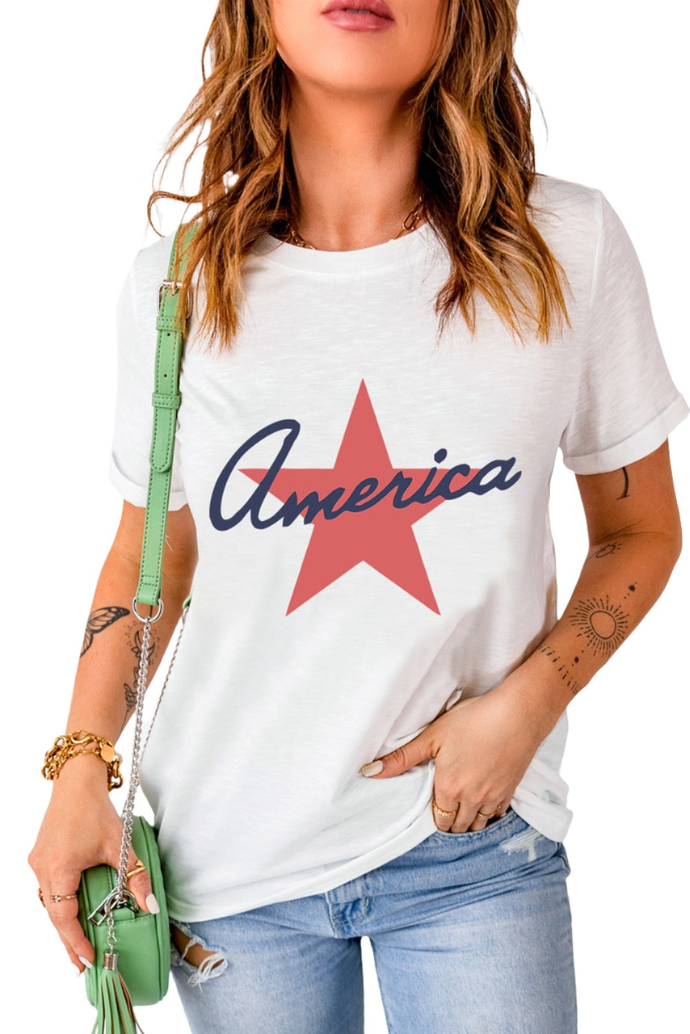 Star Round Neck Short Sleeve T-Shirt - T- 1 COLOR -