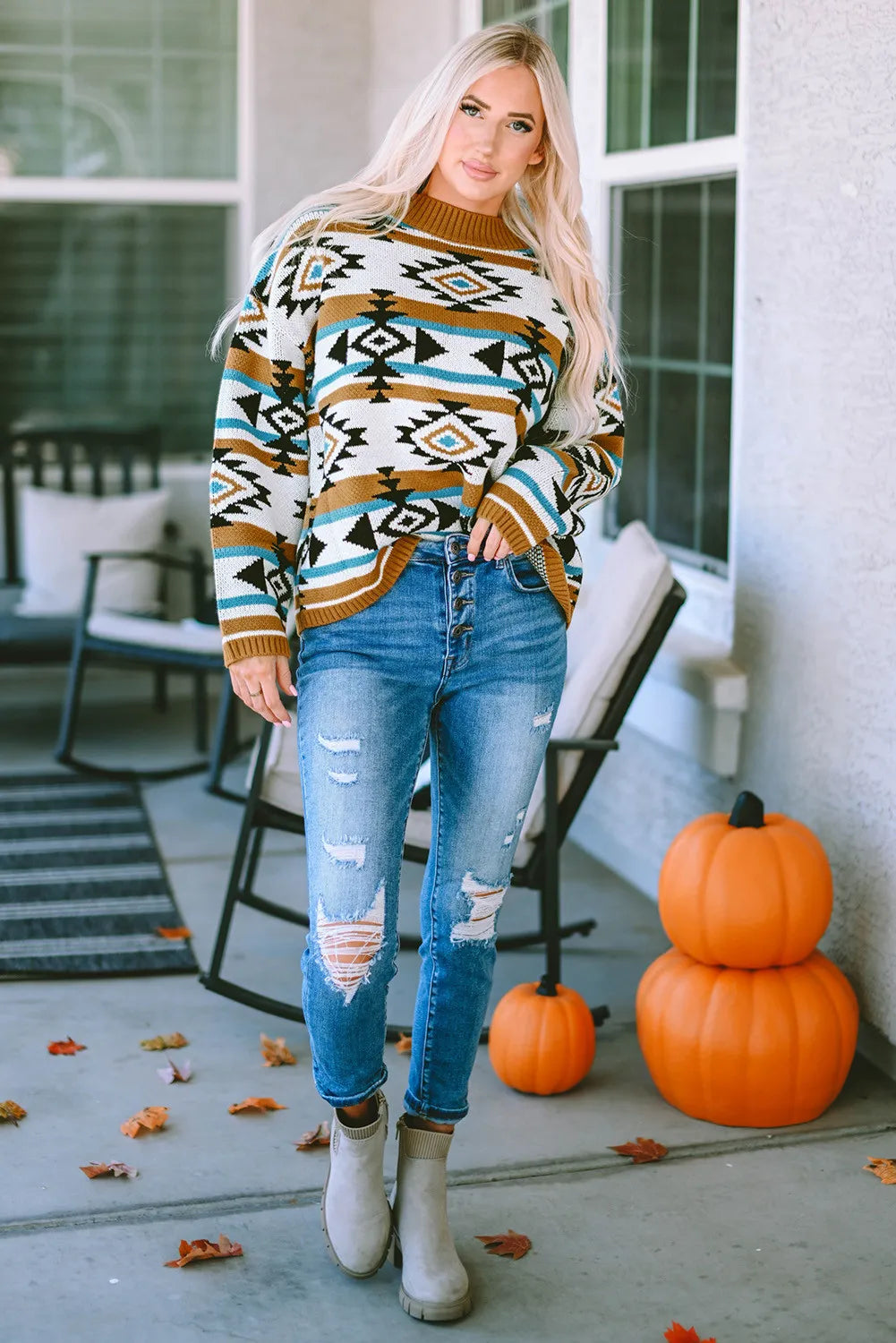 Full Size Geometric Round Neck Long Sleeve Sweater - T - 1 COLOR -