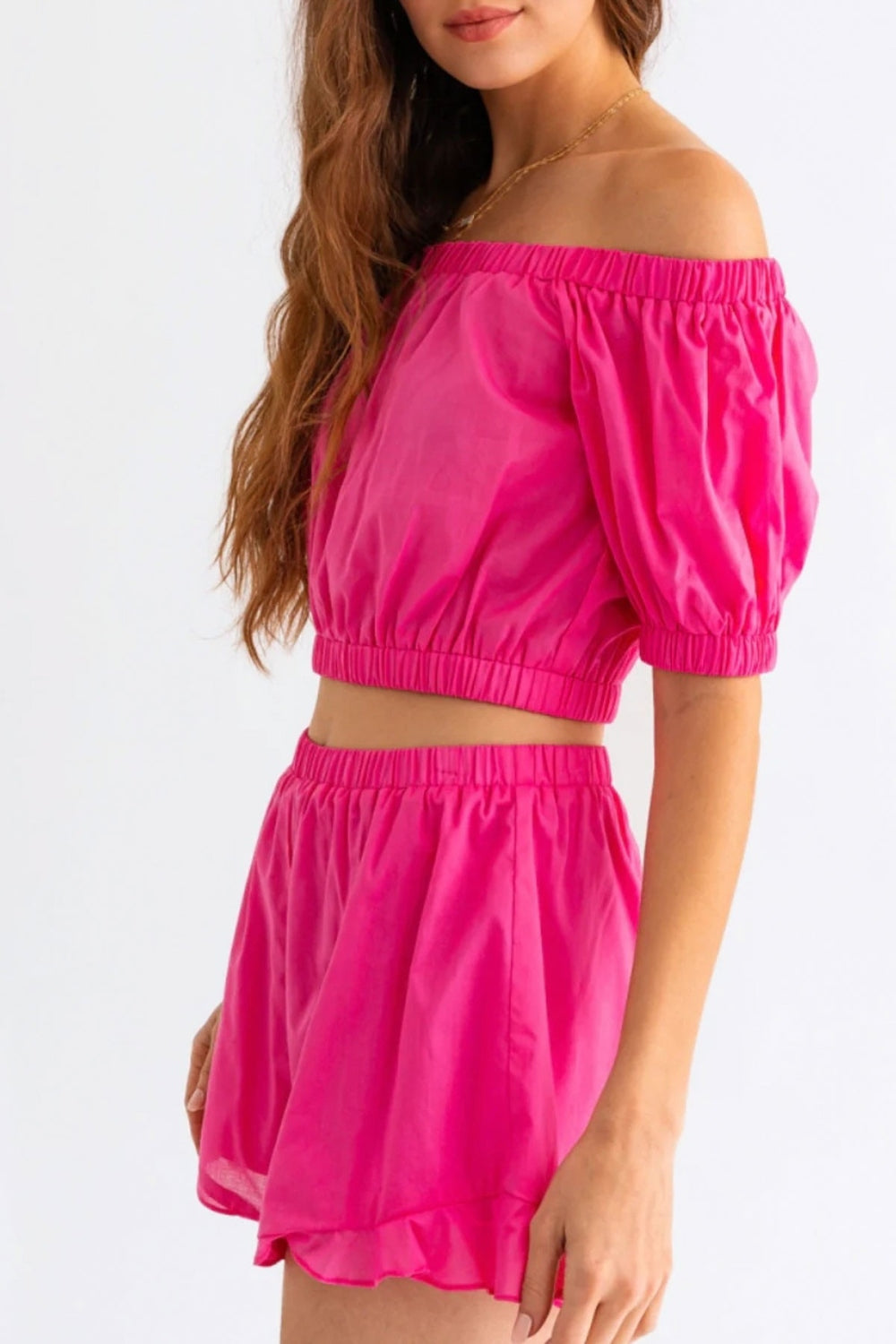 Tasha Apparel Off Shoulder Crop Top and Ruffled Shorts Set - 2 PCS. - T - 1 COLOR -