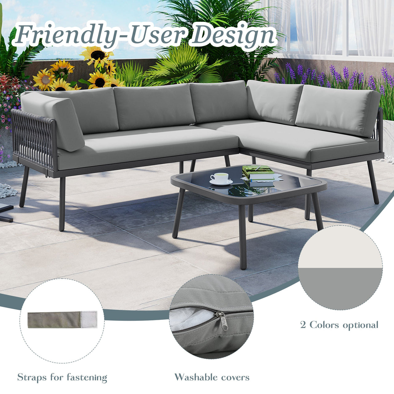 Modern Outdoor 3-Piece PE Rattan Sofa Set All Weather Patio Metal Sectional Furniture Set With Cushions and Glass Table