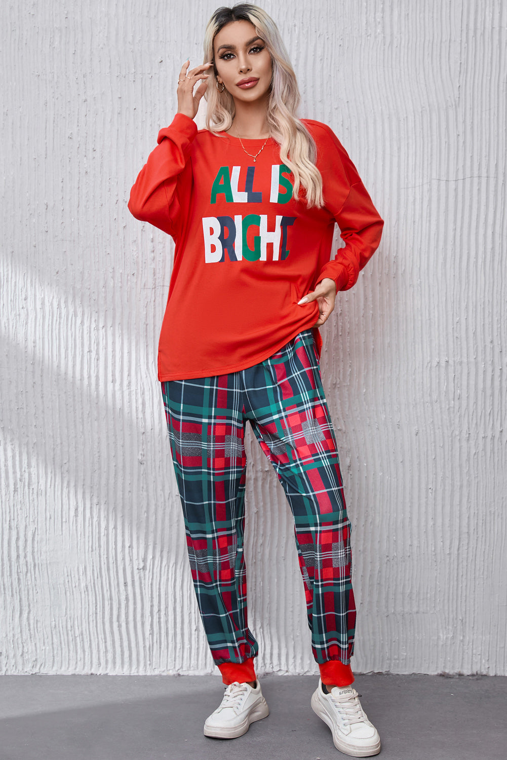 ALL IS BRIGHT Round Neck Top and Plaid Pants Lounge Set - T - 1 COLOR -