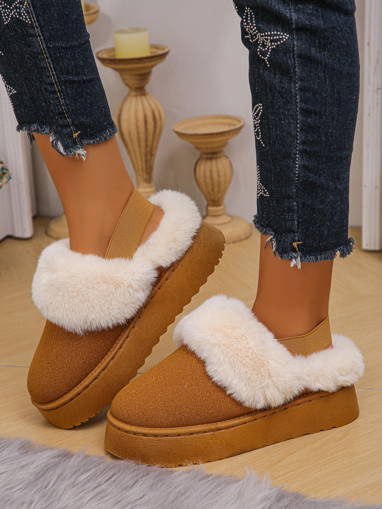 Faux Fur Round Toe Platform Slippers - T - 3 COLORS -