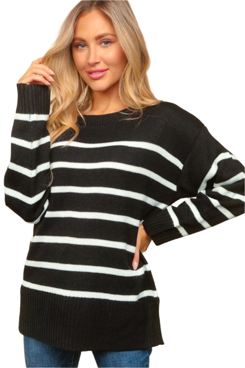 Haptics Full Size Striped Contrast Side Slit Sweater - T - 1 COLOR -