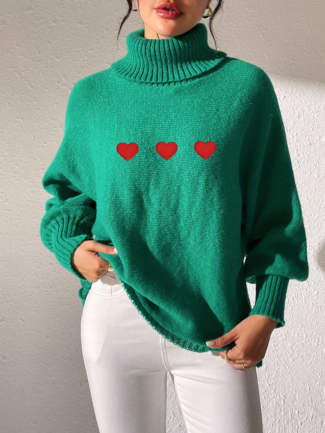 Heart Turtleneck Long Sleeve Sweater - T - 4 COLORS -