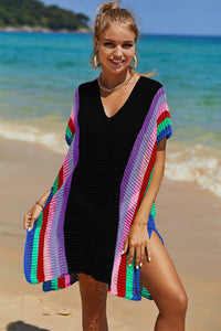 Thumbnail for Openwork Striped Slit Knit Cover Up - 1 SIZE FITS ALL - T - 4 COLORS -