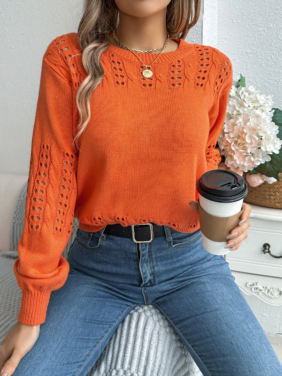 Openwork Round Neck Long Sleeve Sweater - T - 3 COLORS -