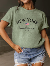 Thumbnail for New York Skyline Letter Graphic Round Neck Short Sleeve T-Shirt - 10 COLORS -