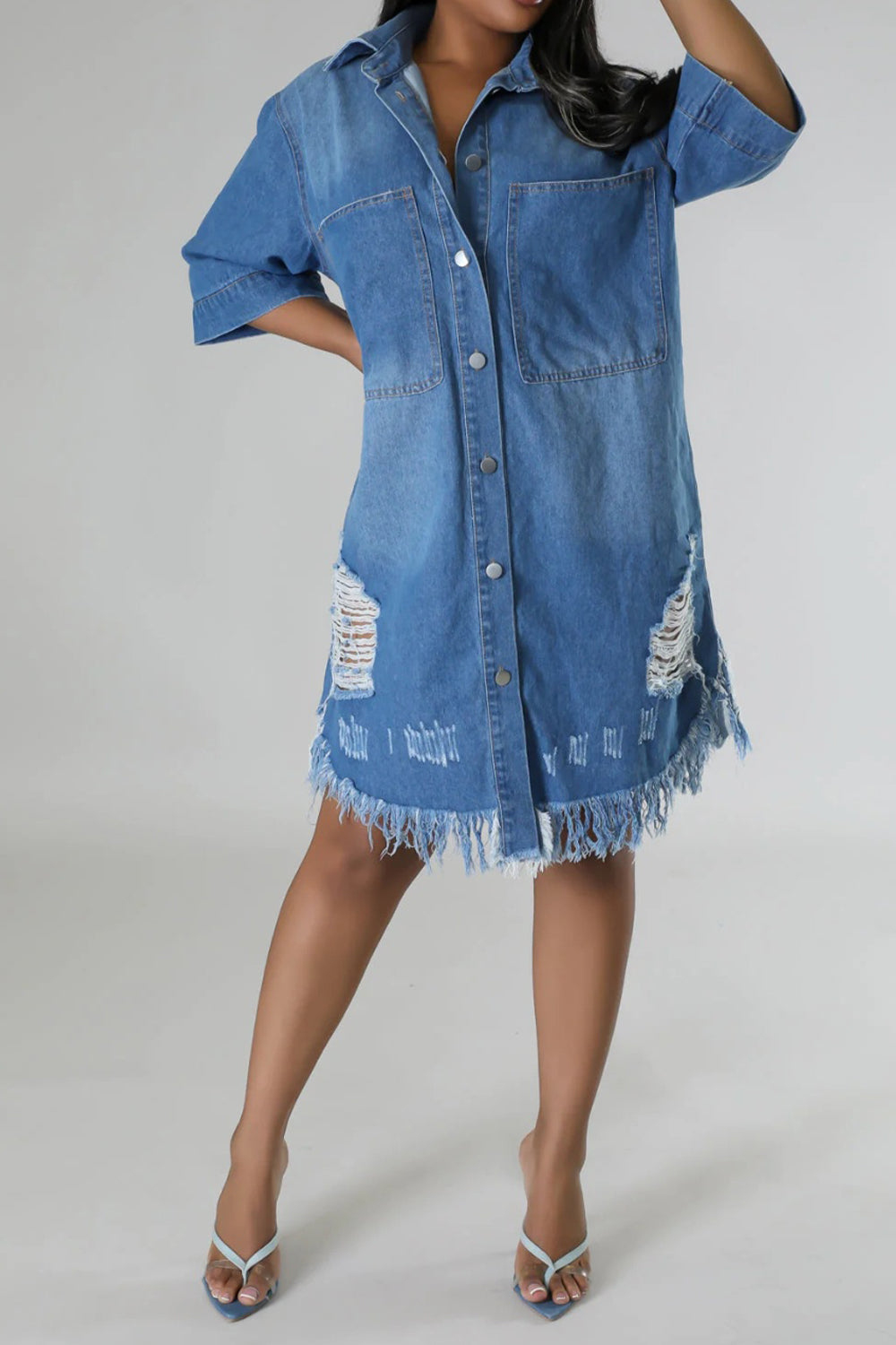 Distressed Raw Hem Button Up Denim Dress - T - LIGHT OR MEDIUM DENIM -