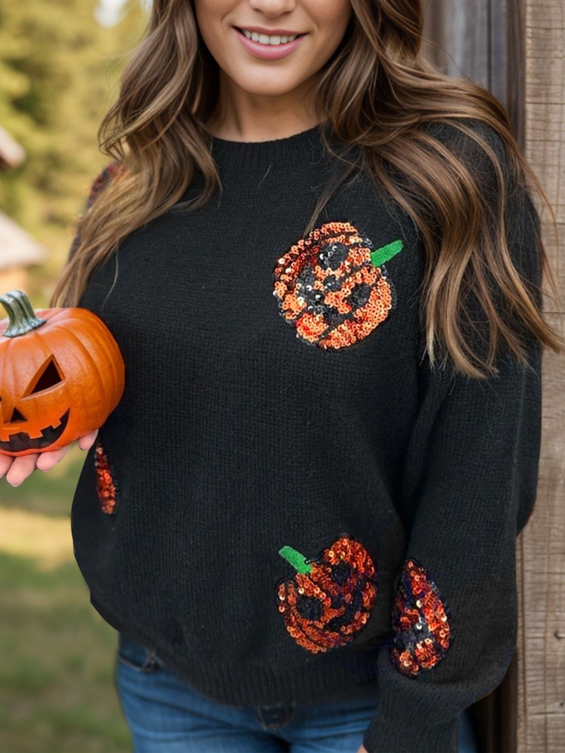 Plus Size Sequin Pumpkin Round Neck Sweater - XL THRU 4XL ONLY - T - 1 COLOR -