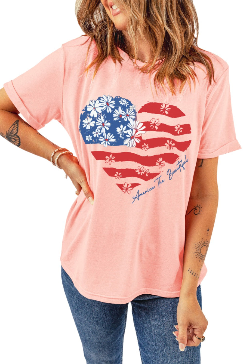 Heart Round Neck Short Sleeve T-Shirt - T - 1 COLOR -