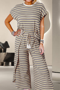 Thumbnail for Striped Round Neck Top and Drawstring Pants Set - 2 PCS. - T - 3 COLORS -