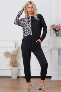 Thumbnail for Leopard Round Neck Top and Drawstring Pants Lounge Set - 2 PCS. - T - 1 COLOR -