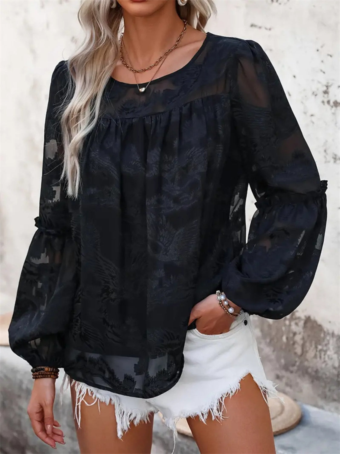 Round Neck Balloon Sleeve Blouse - T - 1 COLOR -