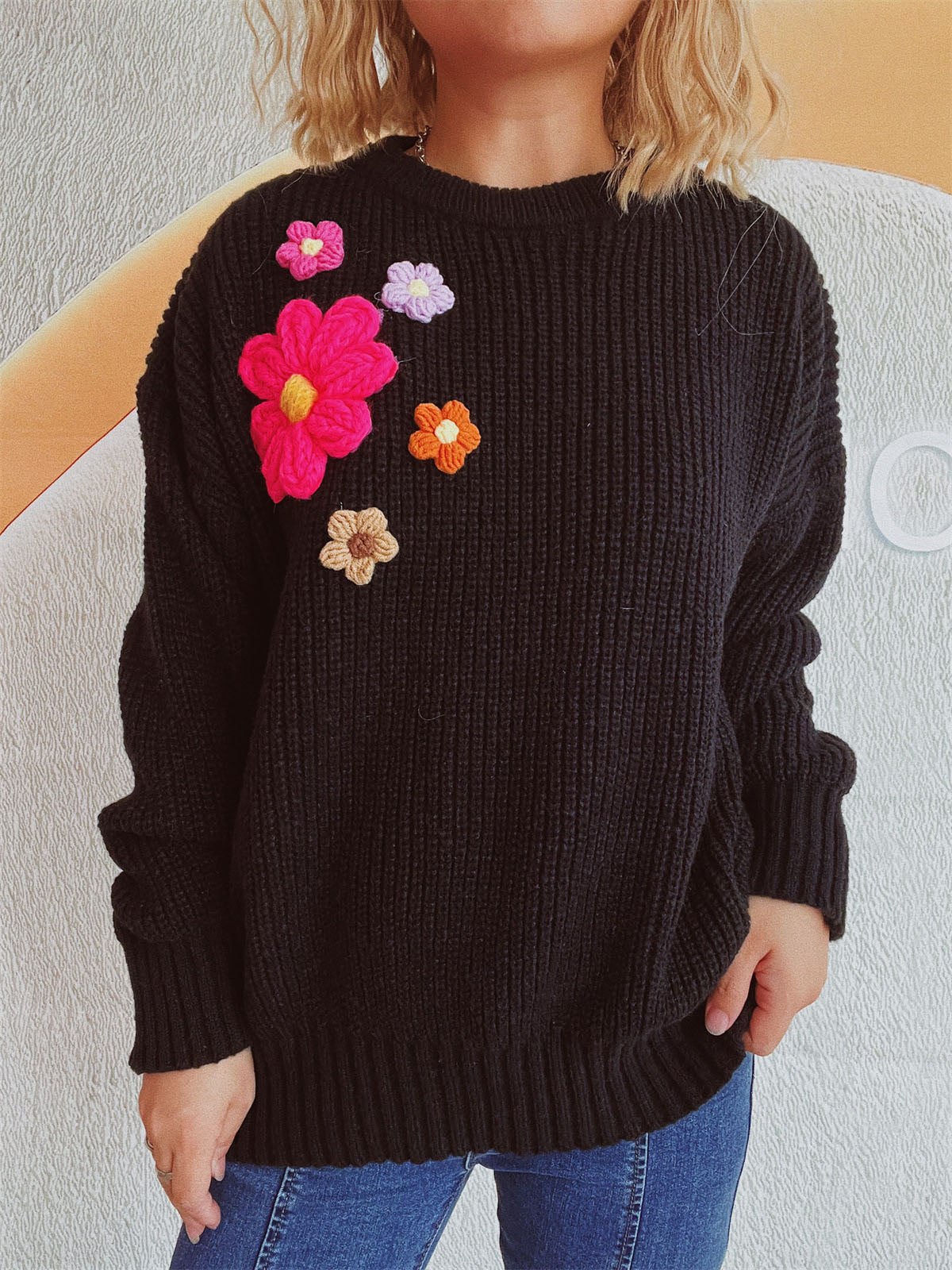 Crochet Flower Round Neck Dropped Shoulder Sweater - 1 OVERSIZE - T - 3 COLORS -