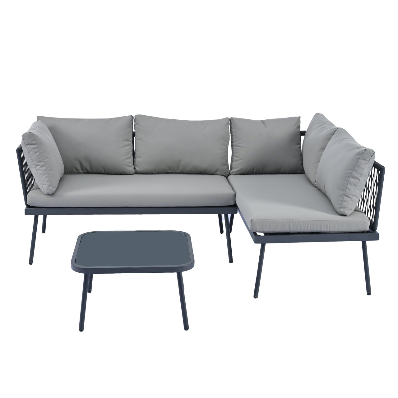 Modern Outdoor 3-Piece PE Rattan Sofa Set All Weather Patio Metal Sectional Furniture Set With Cushions and Glass Table