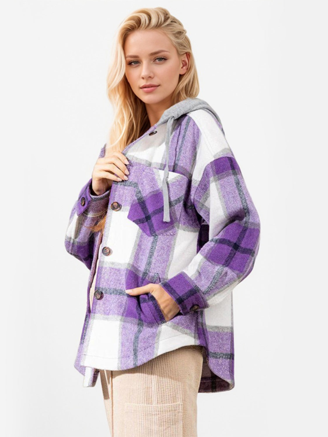 Drawstring Plaid Button Up Long Sleeve Hooded Jacket - T - 2 COLORS -