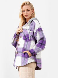 Thumbnail for Drawstring Plaid Button Up Long Sleeve Hooded Jacket - T - 2 COLORS -